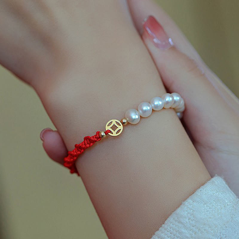 14K Gold Plated Pearl Luck Protection Red String Bracelet