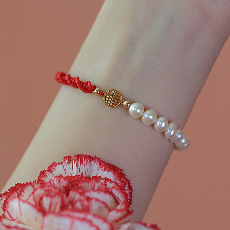 14K Gold Plated Pearl Luck Protection Red String Bracelet