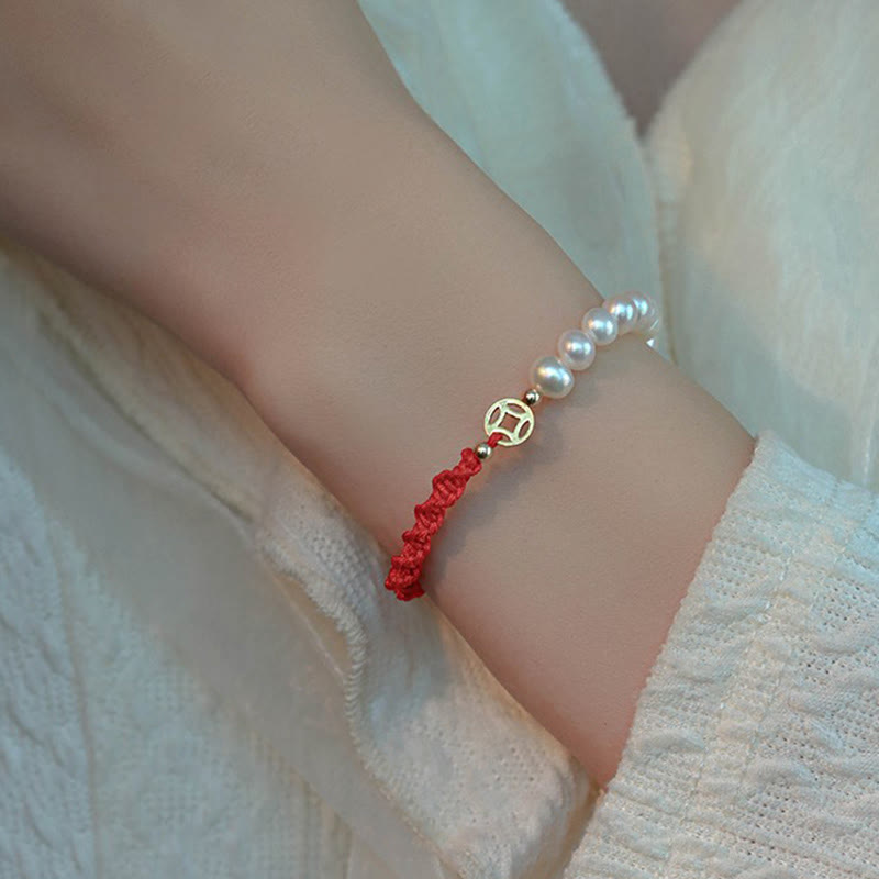 14K Gold Plated Pearl Luck Protection Red String Bracelet