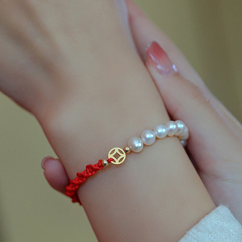 14K Gold Plated Pearl Luck Protection Red String Bracelet