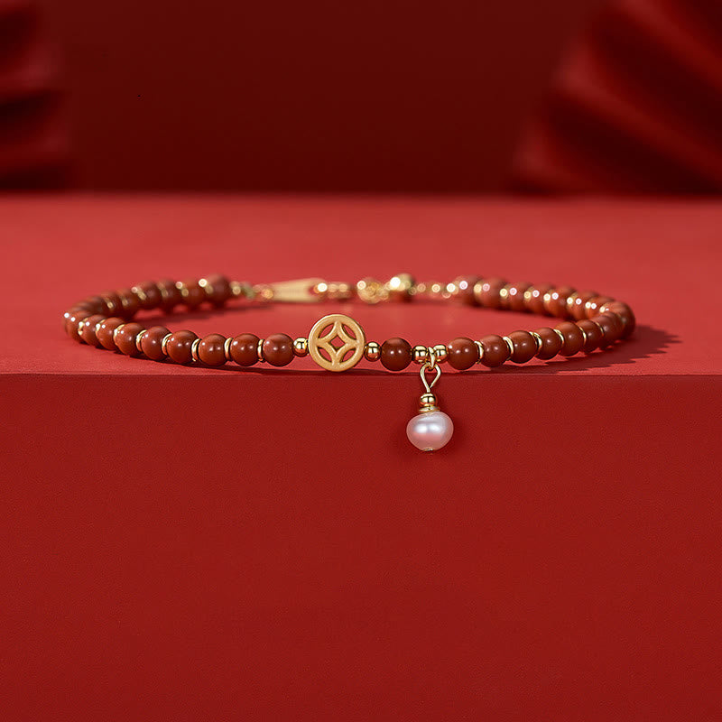 14K Gold Plated Red Agate Confidence Bracelet with Copper Coin