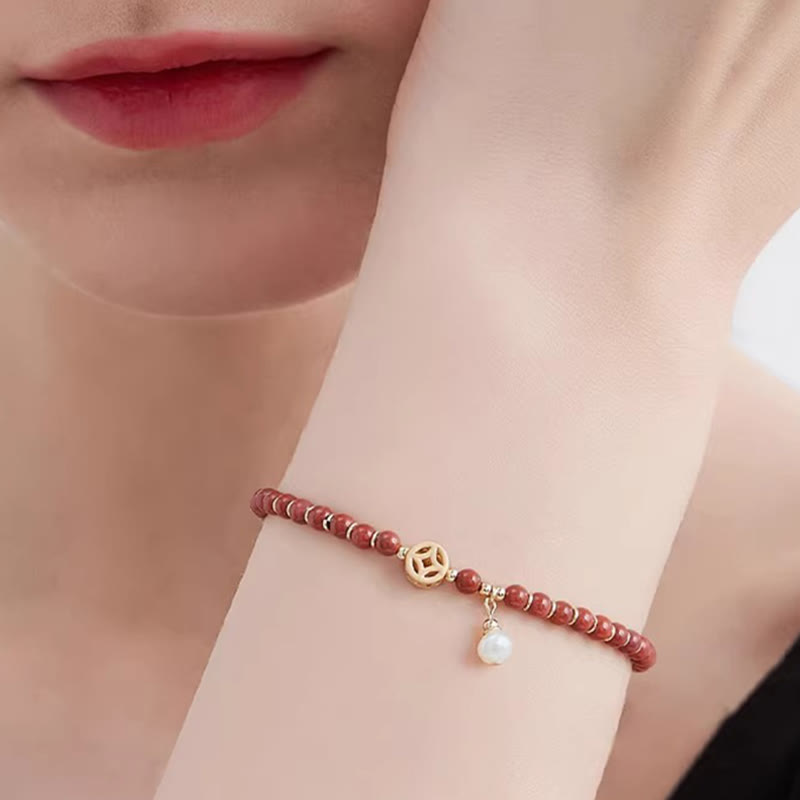 14K Gold Plated Red Agate Confidence Bracelet with Copper Coin