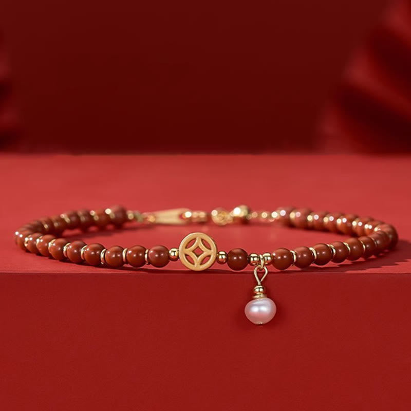 14K Gold Plated Red Agate Confidence Bracelet with Copper Coin