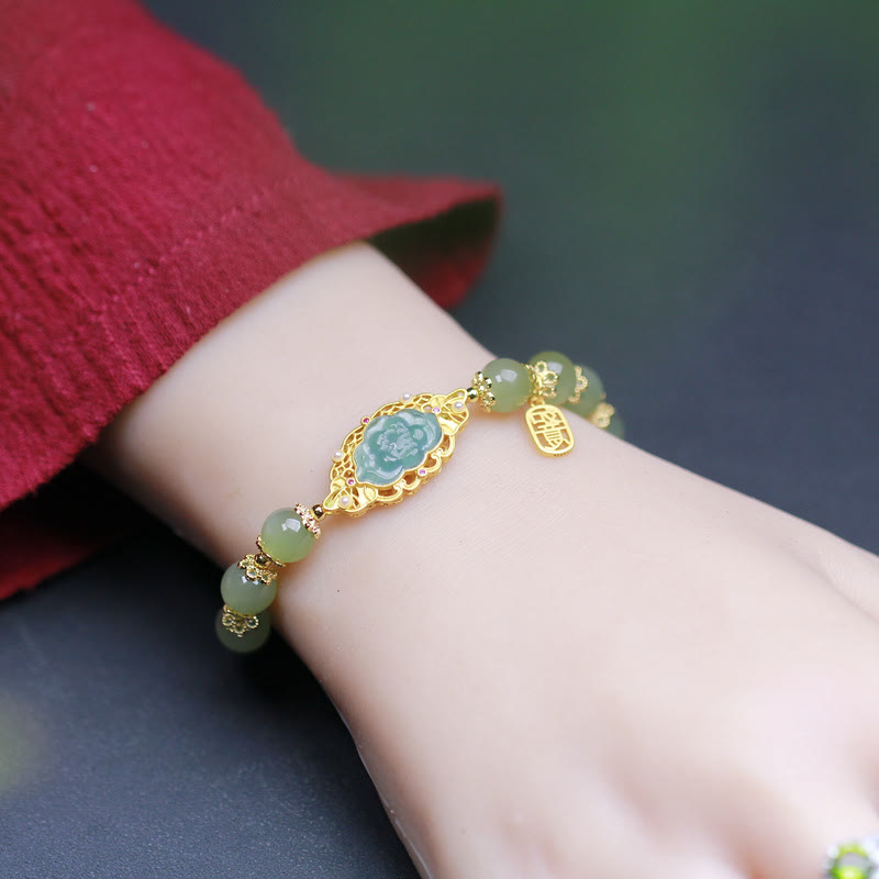 14K Gold Plated Sterling Silver Hetian Jade Luck Bracelet
