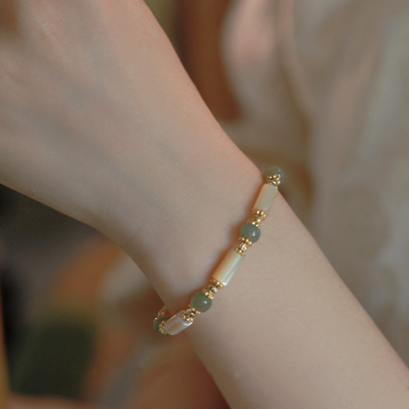 14k Gold Plated Tridacna Stone & Hetian Jade Bamboo Bracelet