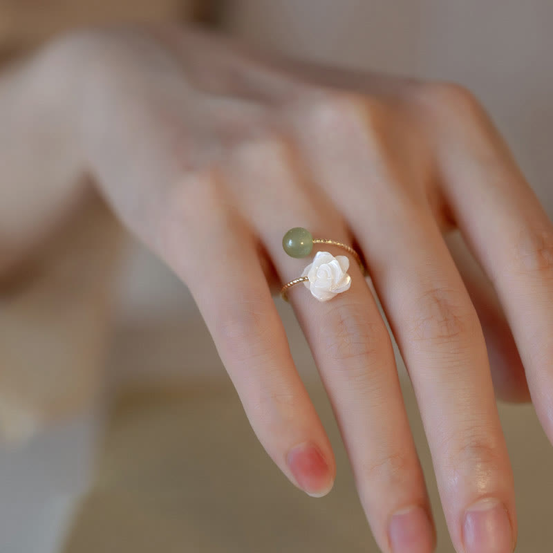 14K Gold Plated Tridacna Stone Jade Blessing Ring Adjustable