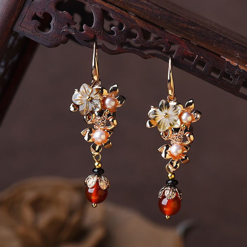 14K Gold Plated Tridacna Stone Pearl Drop Earrings
