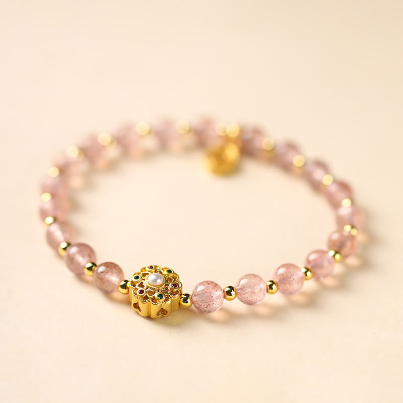 14K Gold Strawberry Quartz Spiritual Bracelet with Fu Charm