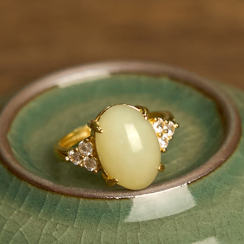14x10mm Hetian Jade Egg Alloy Ring for Prosperity & Balance