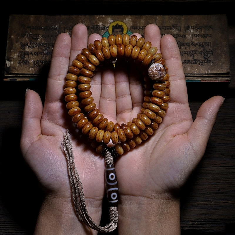 Yak Bone Protection Bracelet with Three-eyed Dzi Bead - 108 Beads