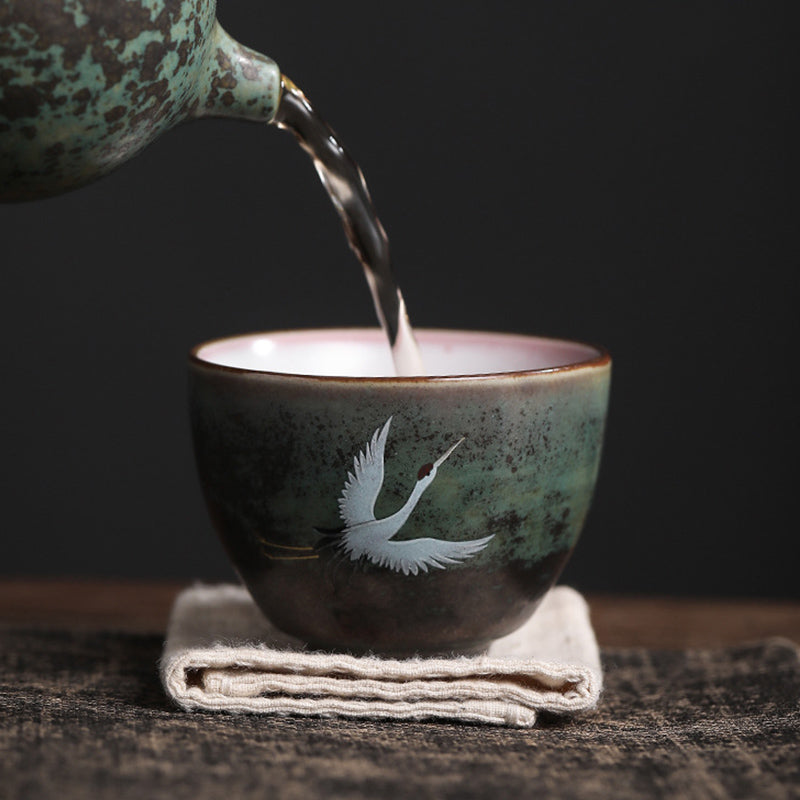 Auspicious Crane Ceramic Tea Cup for Meditation & Ritual