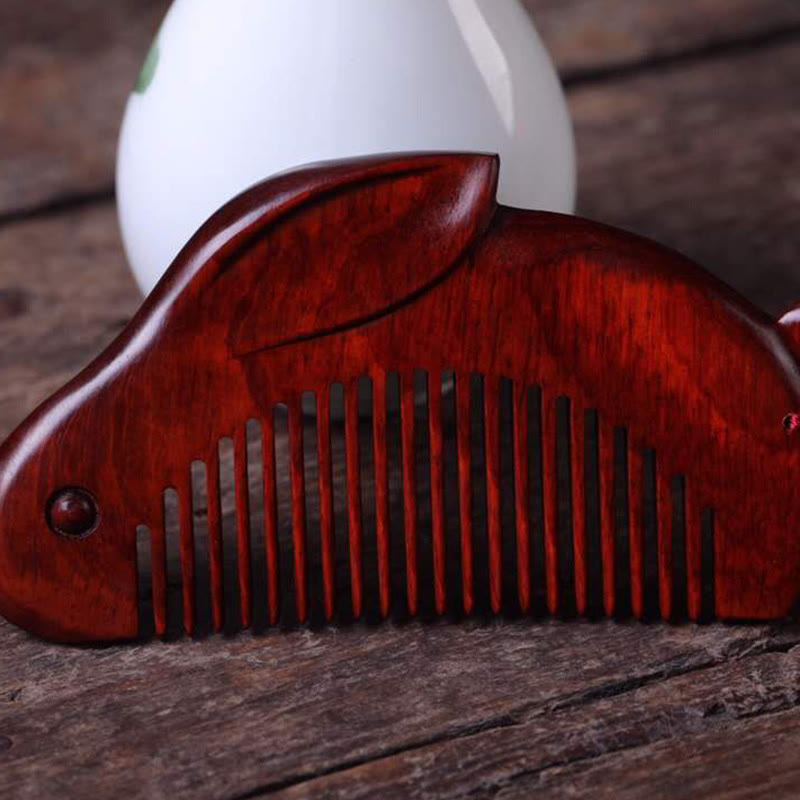 Small Leaf Red Sandalwood Sooth Comb with Cute Bunny Gift Box