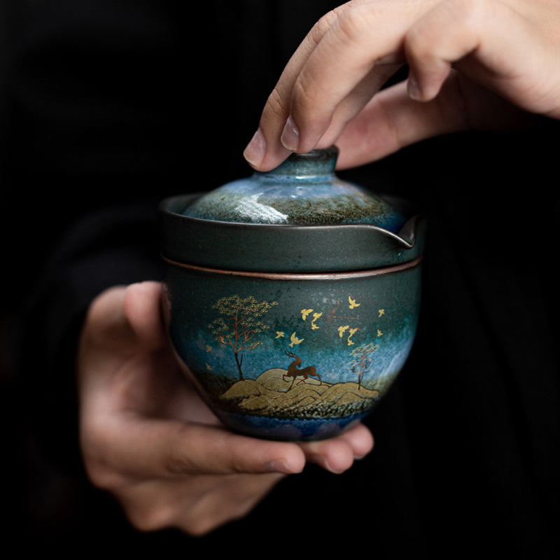 Ceramic Tea Cup with Deer and Cat Design for Spiritual Serenity