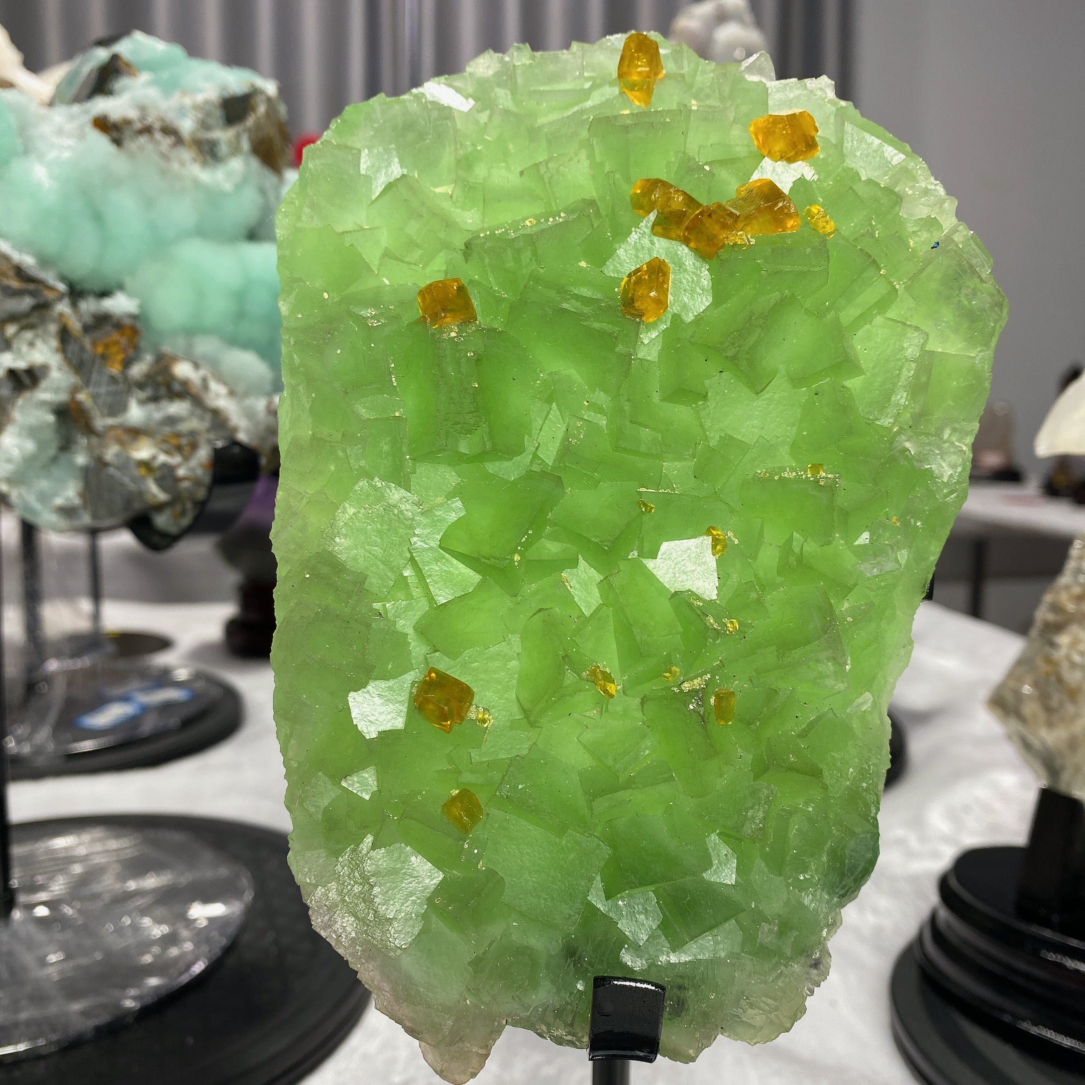 15cm Green Fluorite Crystal Specimen with Barite on Stand