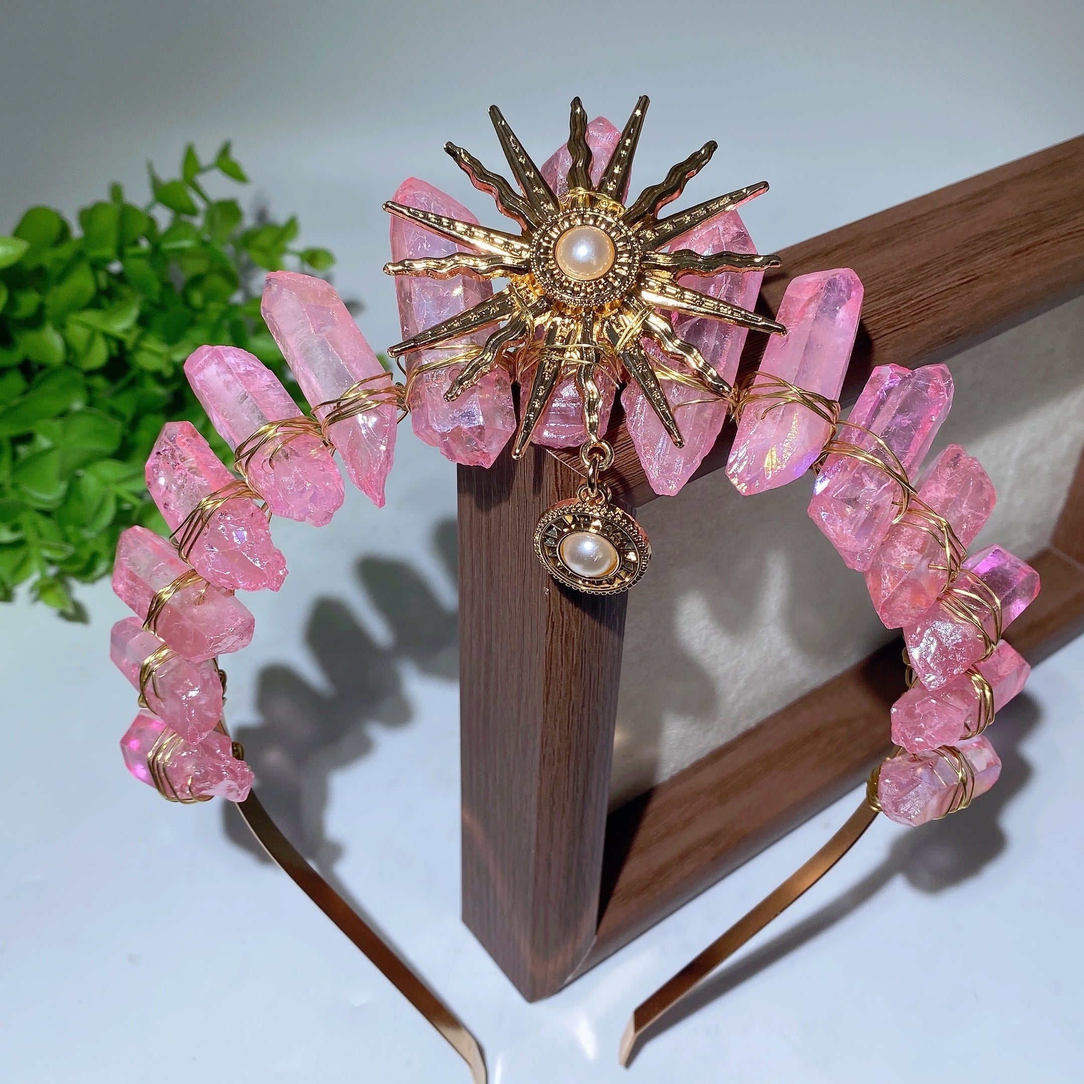 15cm Mixed Aura Crystal Healing Crown with Pearl Sun