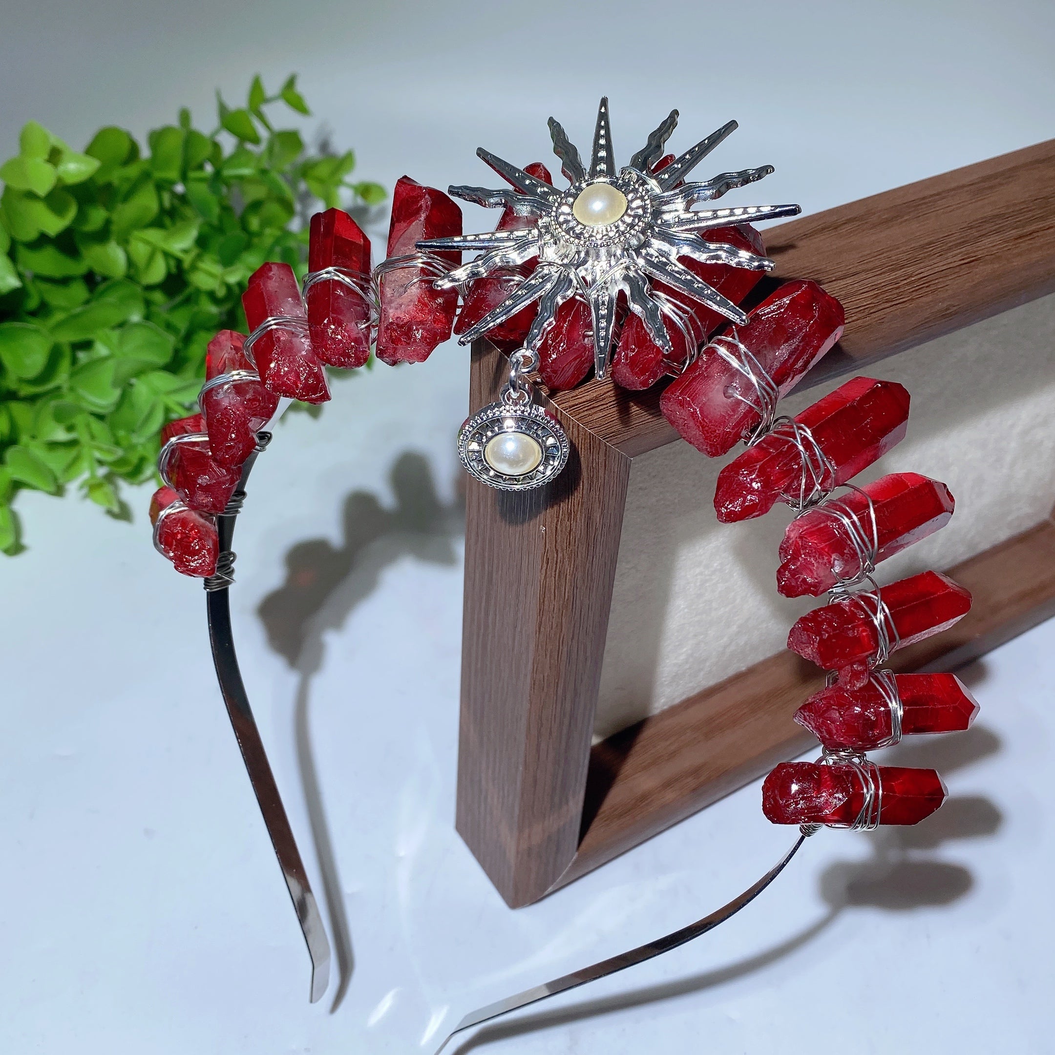 15cm Mixed Aura Crystal Healing Crown with Pearl Sun