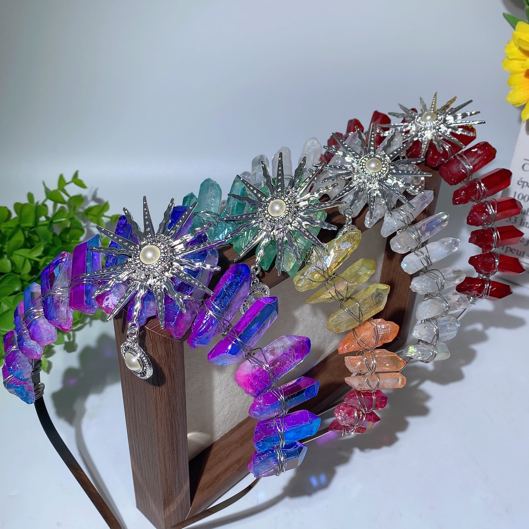 15cm Mixed Aura Crystal Healing Crown with Pearl Sun