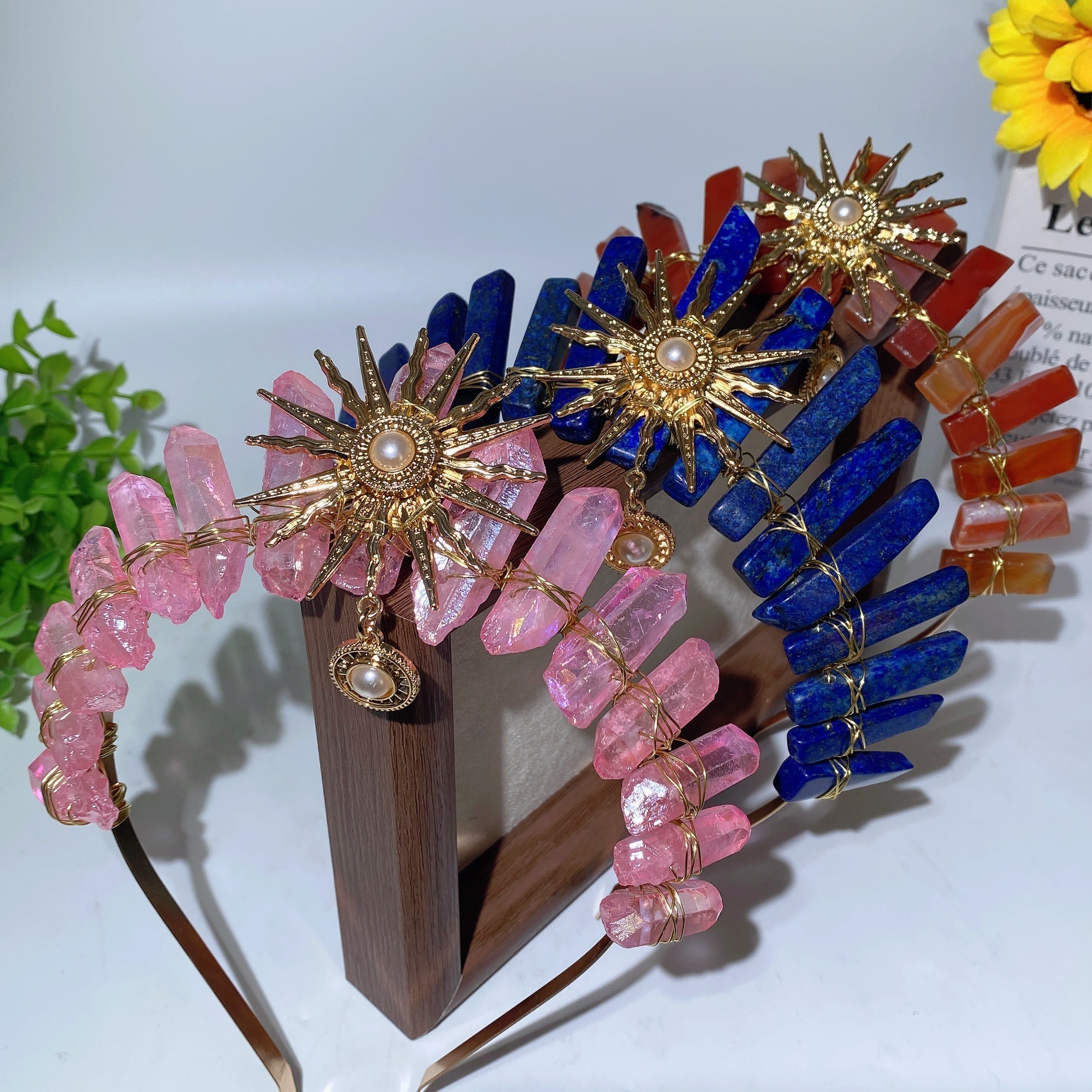 15cm Mixed Aura Crystal Healing Crown with Pearl Sun