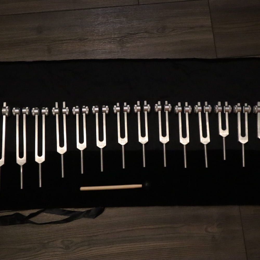 15pc Tuning Fork Set for Human Organ & Cell Healing arranged on dark surface