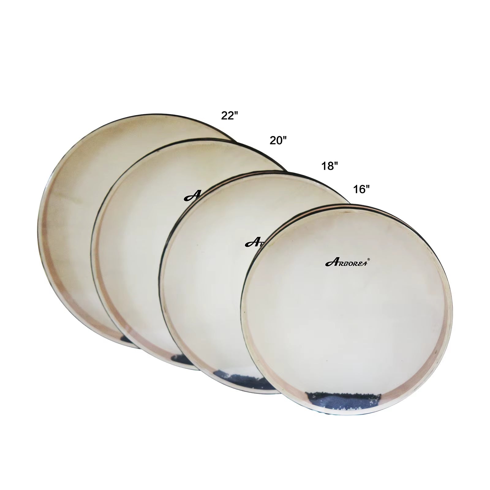 Set of four white drum heads in descending size for Ocean Wave Drum Instrument