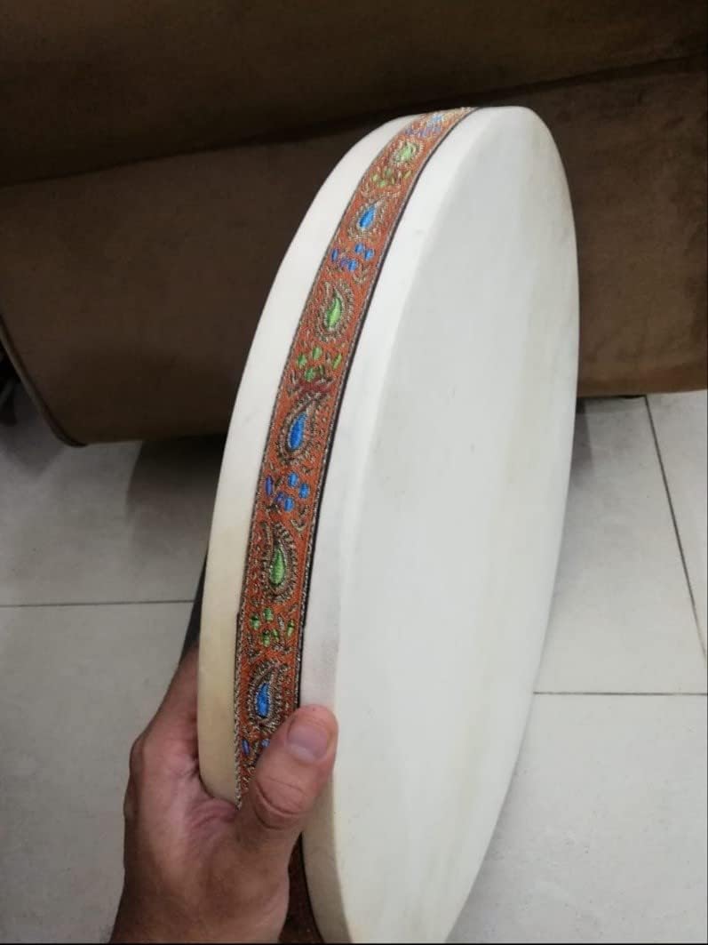 White tambourine with decorative band on 16’’ Ocean Drum Instrument with Wave Beads