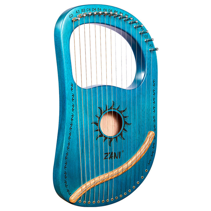 Turquoise lyre harp with sun design and wooden accents for beginner musicians