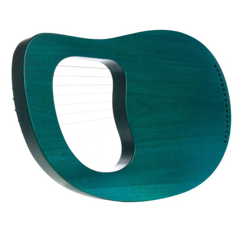 Curved teal letter O in modern design on 16 String Mahogany Lyre Harp with Tuning Wrench