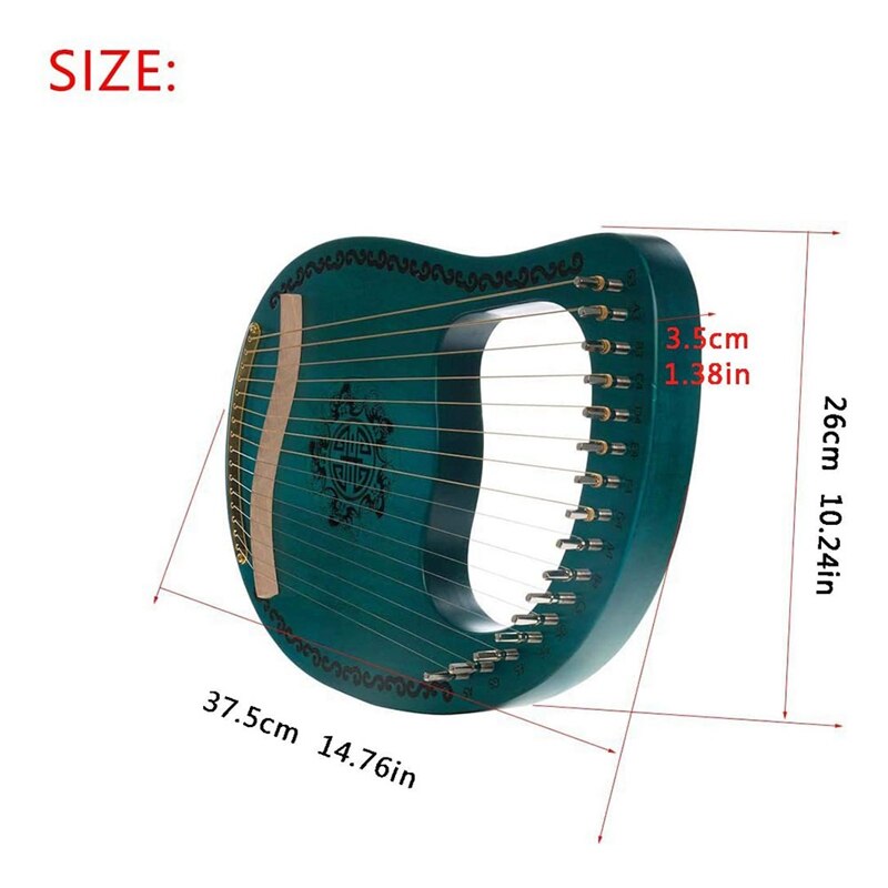 Green Lyre Harp with 16 strings and measurement annotations for tuning adjustments