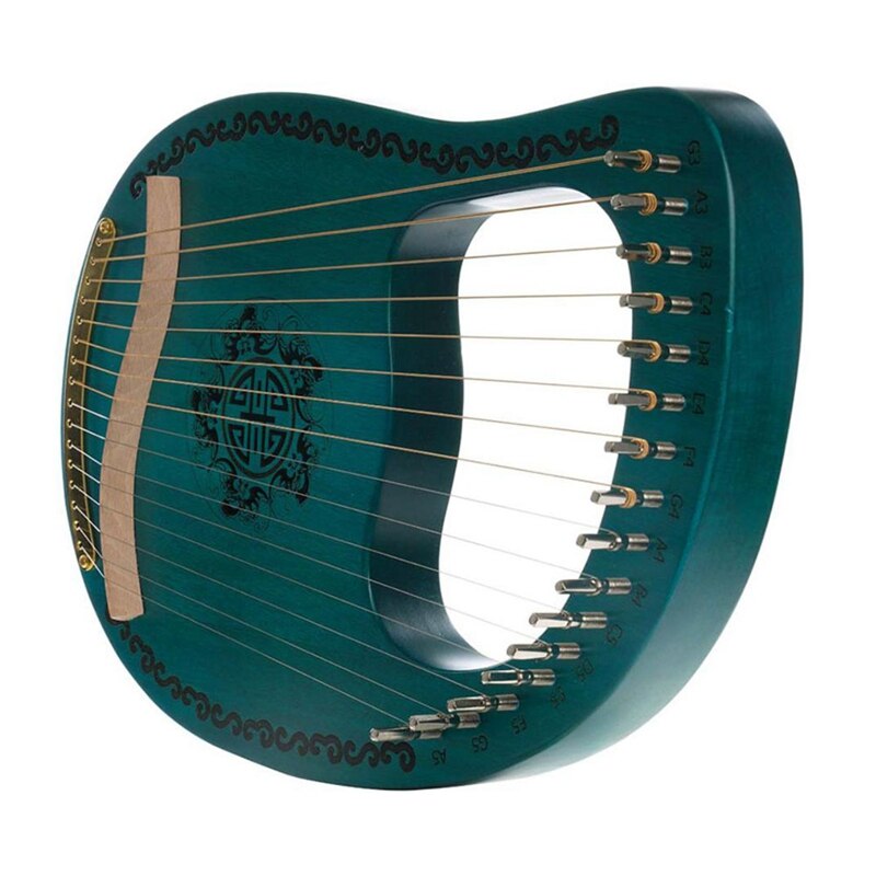 Green Celtic-style Lyre Harp with decorative patterns and metal strings in Mahogany finish