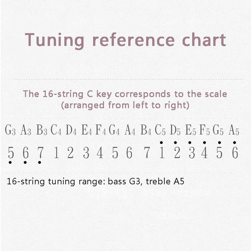 Tuning reference chart for 16-string C key musical scale on Mahogany Lyre Harp