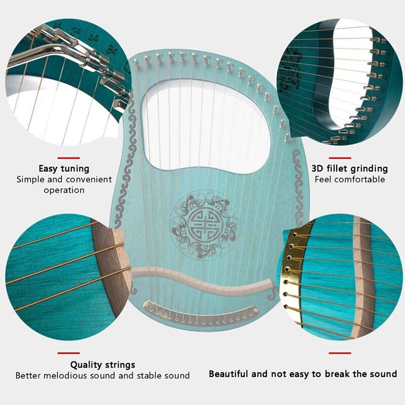 Turquoise Lyre Harp with decorative embellishments and metal strings on mahogany frame