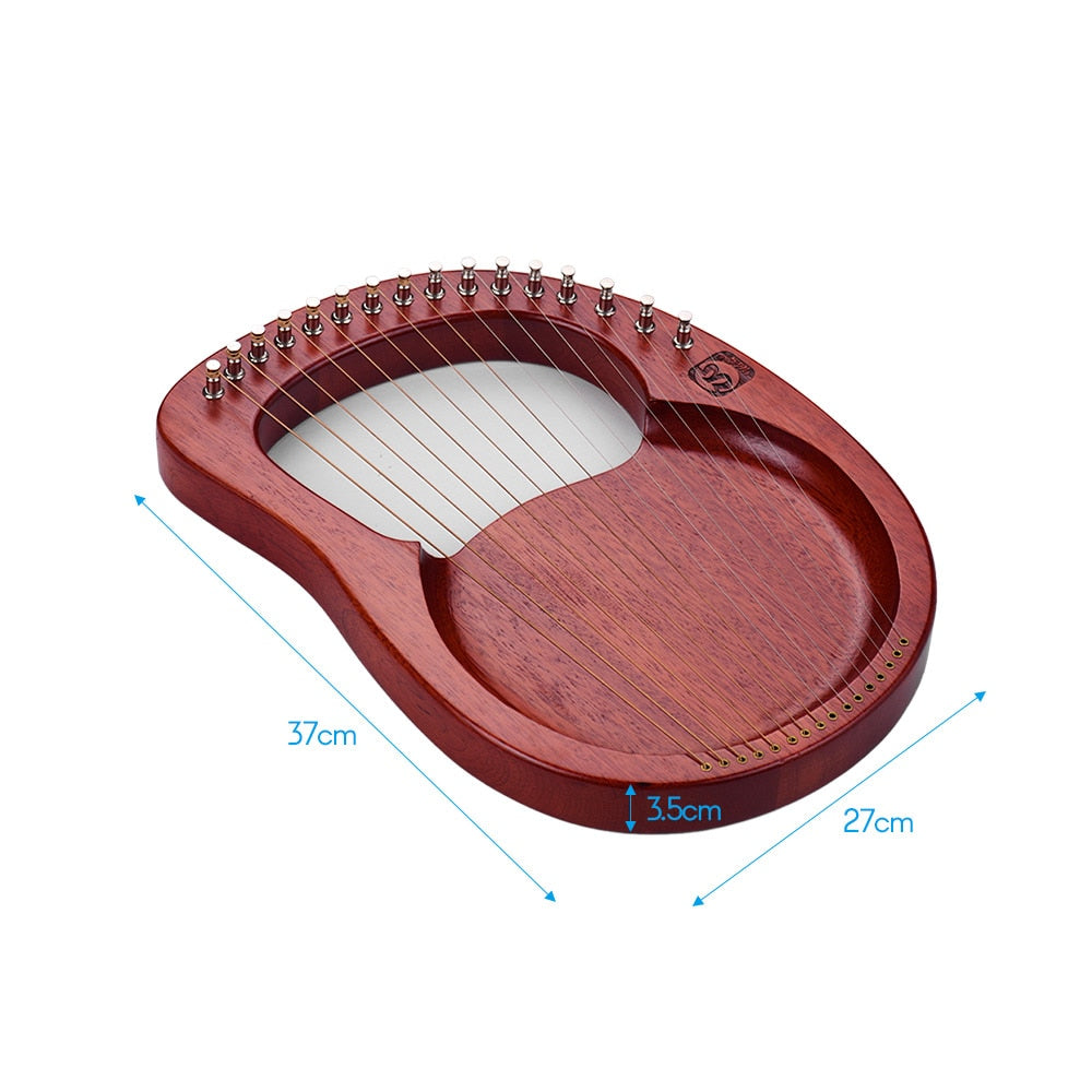 Wooden 16-String Mahogany Lyre Harp with strings and measurements displayed