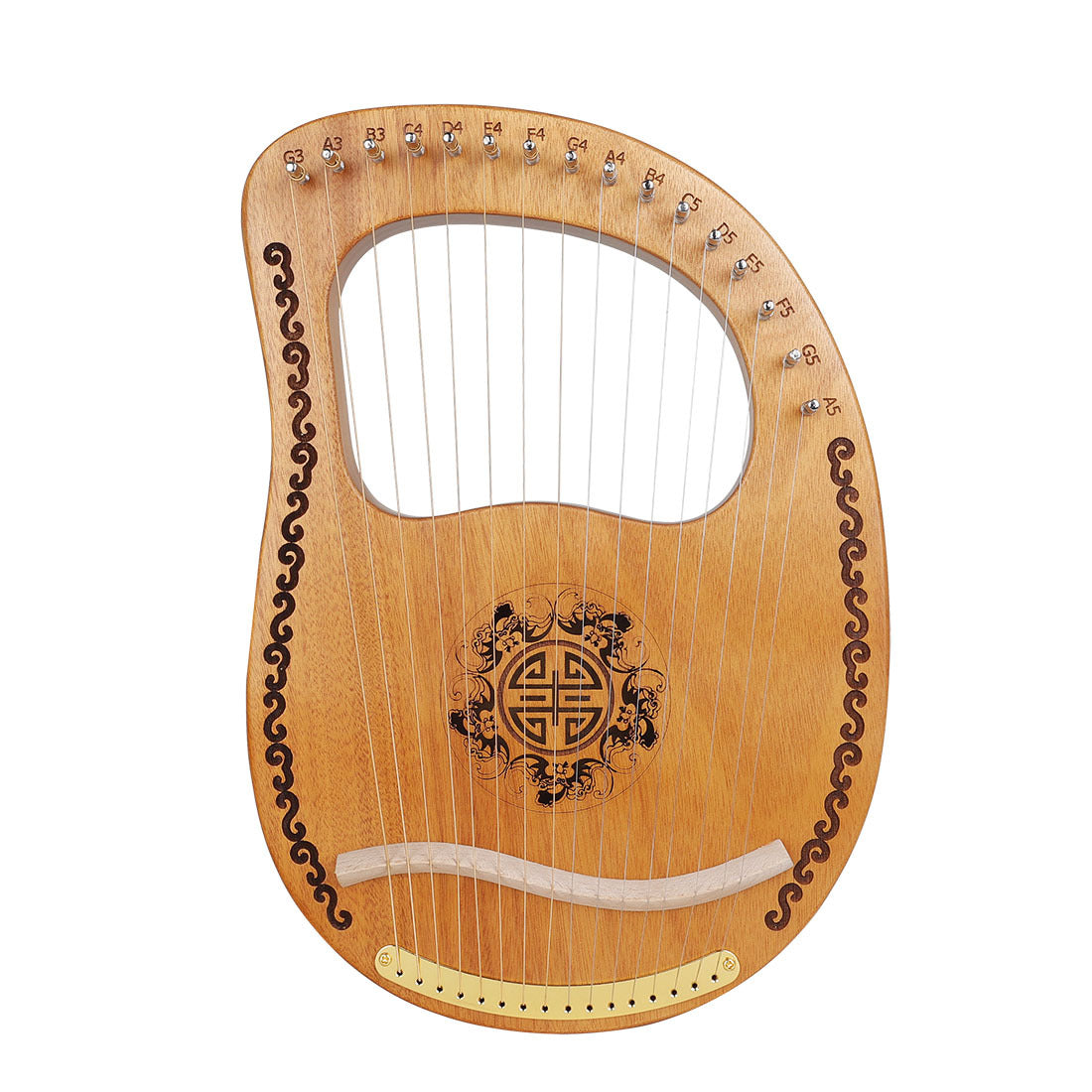 Wooden Lyre Harp with Decorative Carvings and Metal Strings, 16 String Mahogany Model