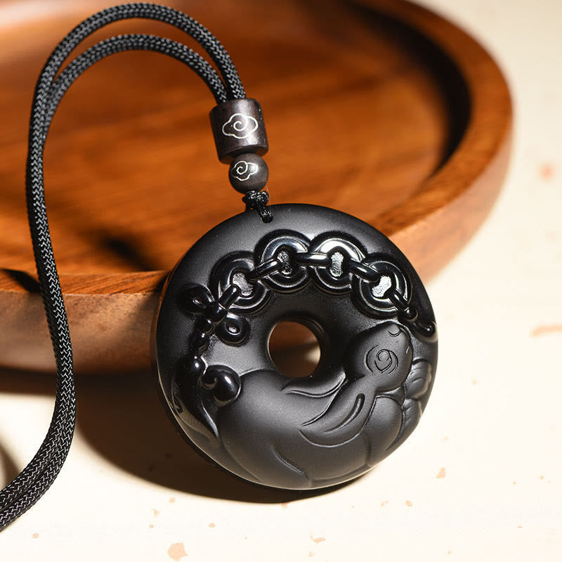 Chinese Zodiac Black Obsidian Strength Necklace Pendant