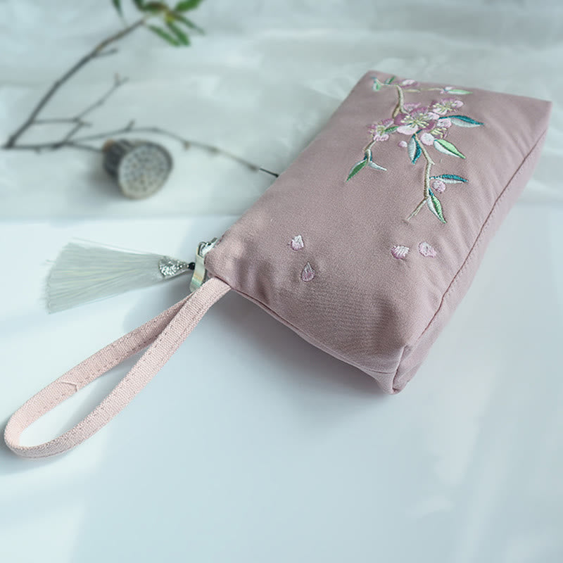 Canvas Wallet with Plum Cherry Crane Embroidery | Compact 21x13cm