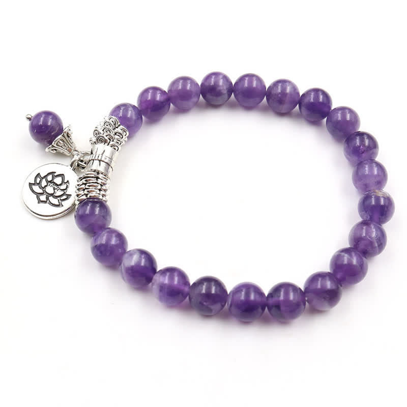 8mm Amethyst Healing Balance Bracelet with Lotus Symbol