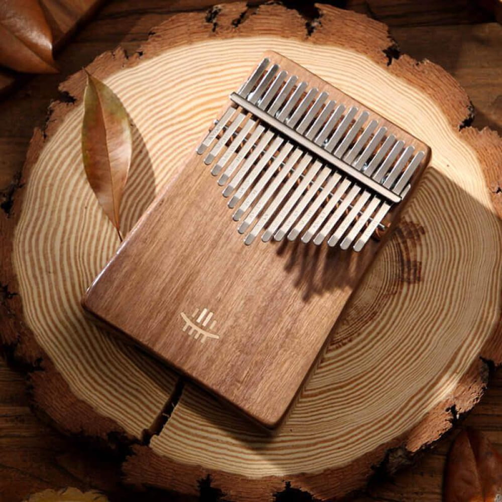 Wooden Kalimba with metal tines on Acacia wood surface, resonant hollow body