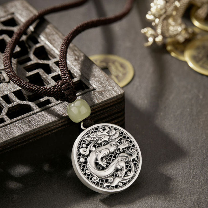 999 Sterling Silver Dragon Fu Character Hetian Jade Necklace