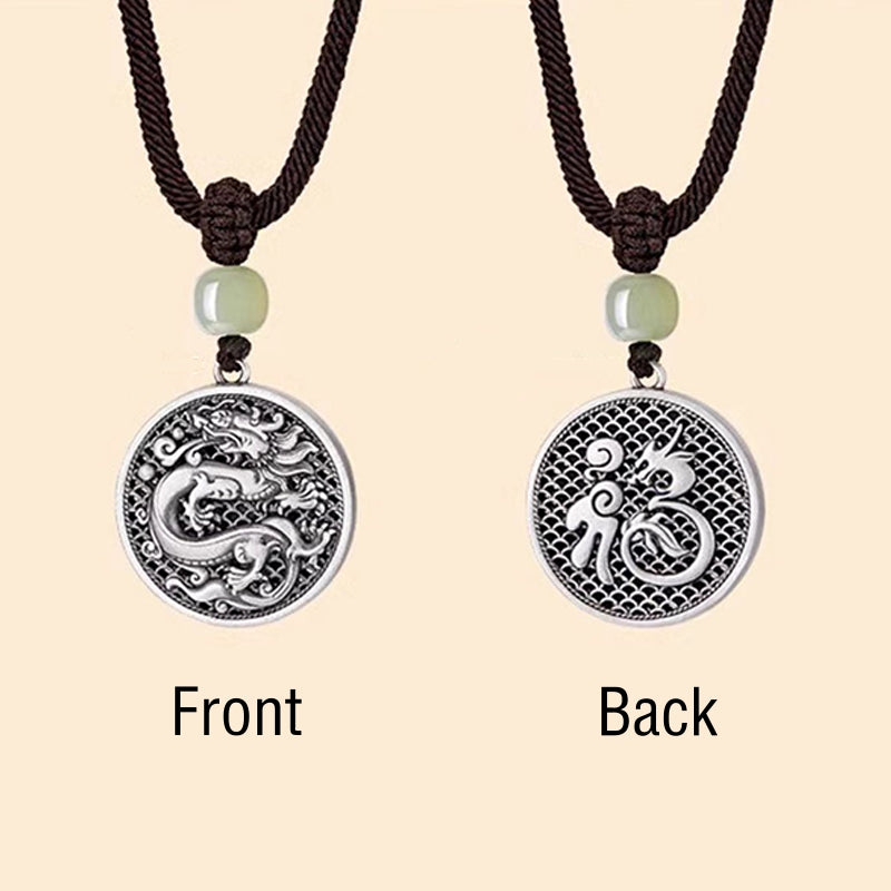 999 Sterling Silver Dragon Fu Character Hetian Jade Necklace