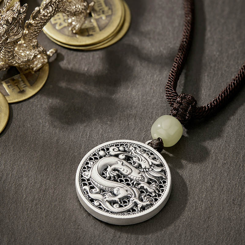 999 Sterling Silver Dragon Fu Character Hetian Jade Necklace