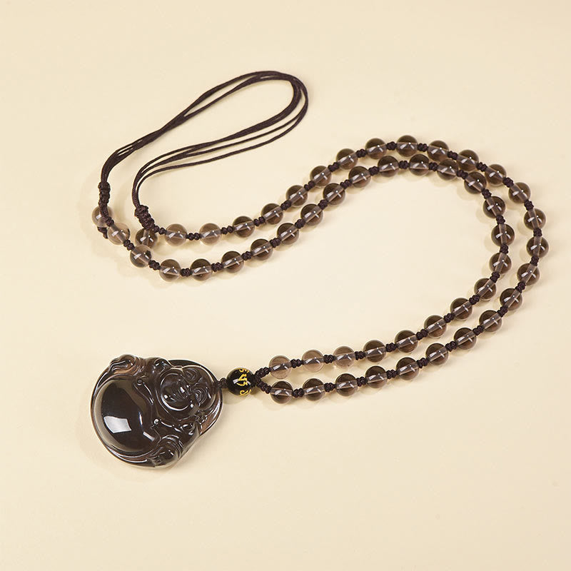 Black Obsidian Ice Obsidian Laughing Buddha Necklace | Purification