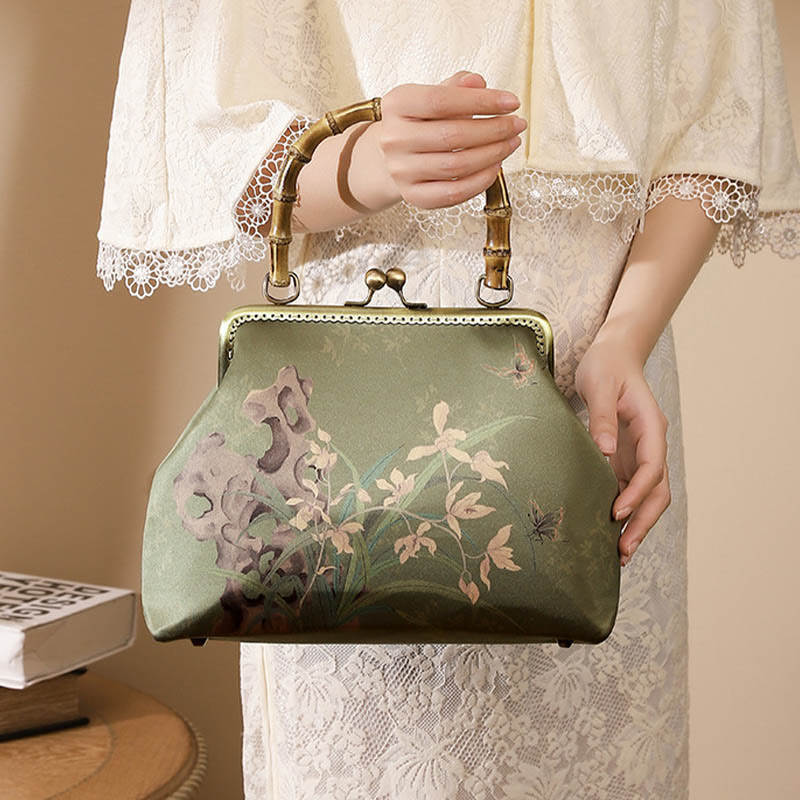 Green Plants Mountains Bamboo Handle Crossbody Bag in Green