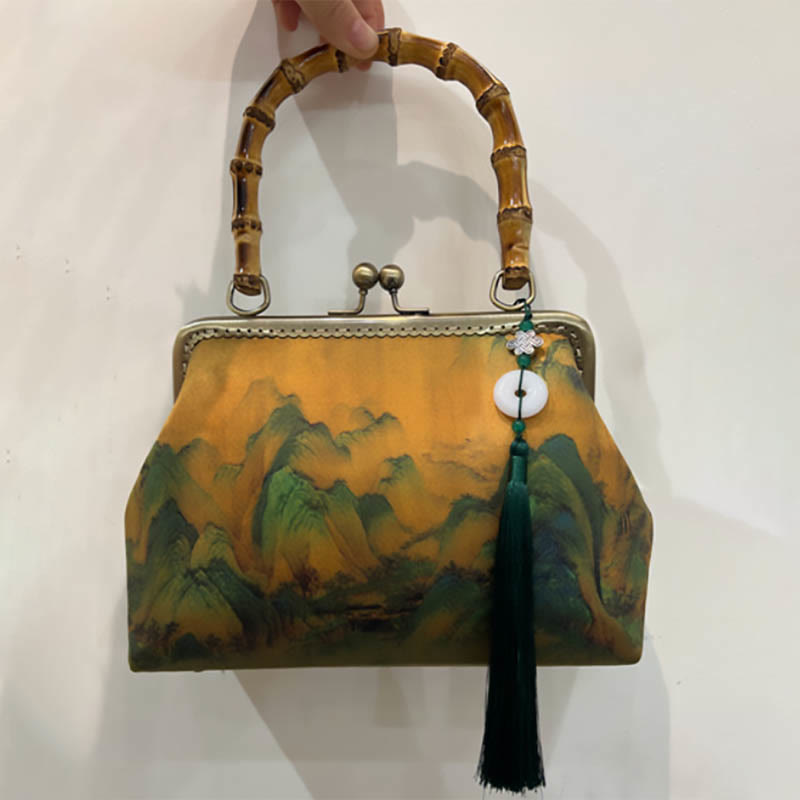 Green Plants Mountains Bamboo Handle Crossbody Bag in Green