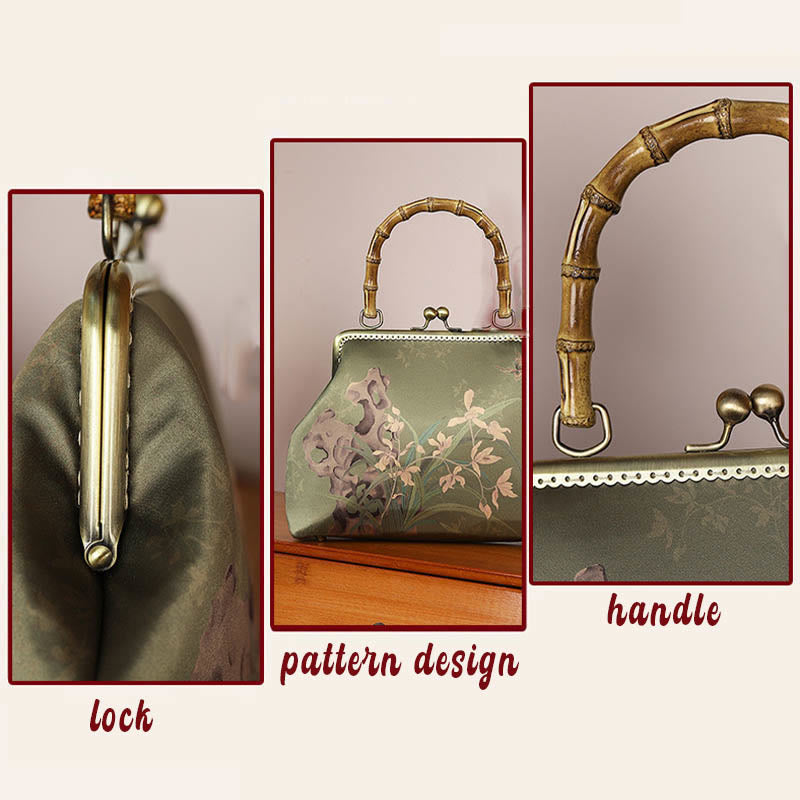 Green Plants Mountains Bamboo Handle Crossbody Bag in Green