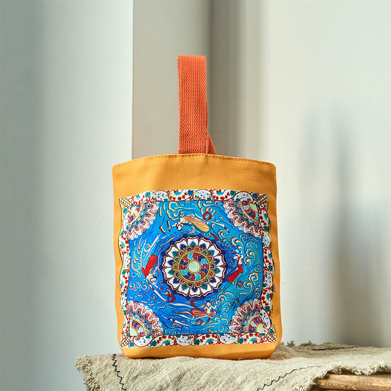 Dunhuang Canvas Handbag with Lotus & Buddha Statues 15cm