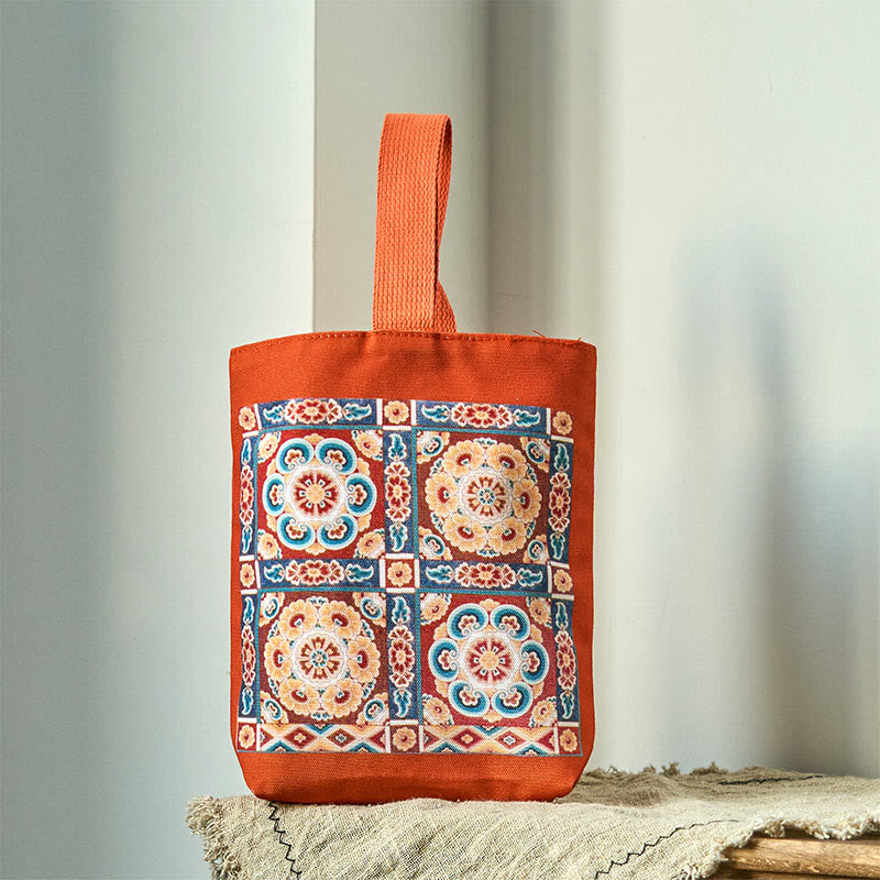 Dunhuang Canvas Handbag with Lotus & Buddha Statues 15cm