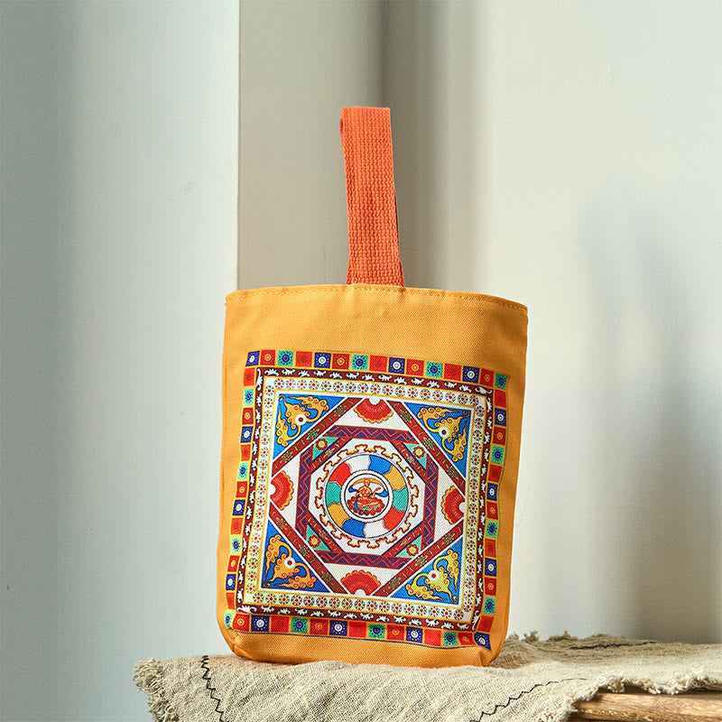 Dunhuang Canvas Handbag with Lotus & Buddha Statues 15cm