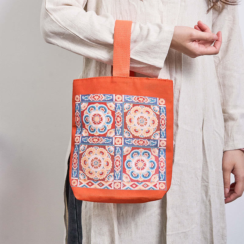 Dunhuang Canvas Handbag with Lotus & Buddha Statues 15cm