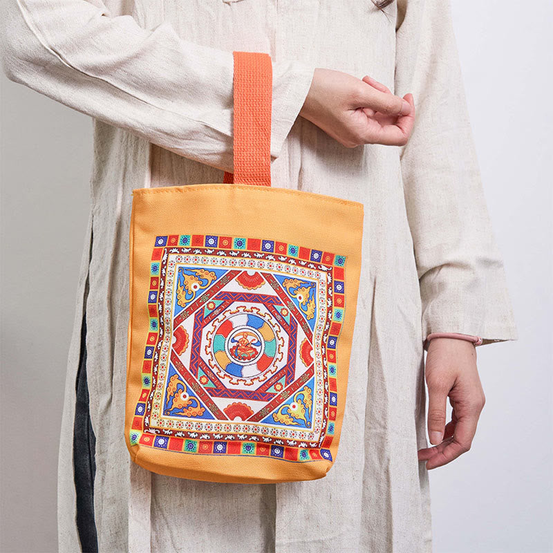 Dunhuang Canvas Handbag with Lotus & Buddha Statues 15cm