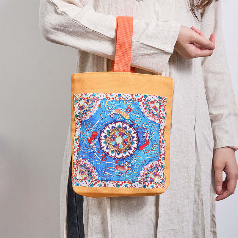 Dunhuang Canvas Handbag with Lotus & Buddha Statues 15cm
